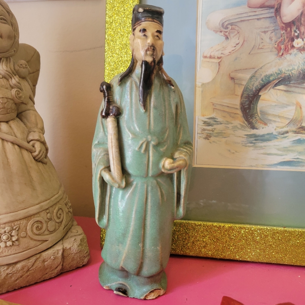 Vintage Chalkware Chinese Man Figurine ~ Confucius? ~ Mud Man? Antique?